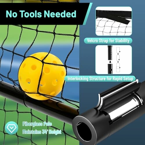 Sports net with ball, velcro strap, and interlocking structure for easy setup.