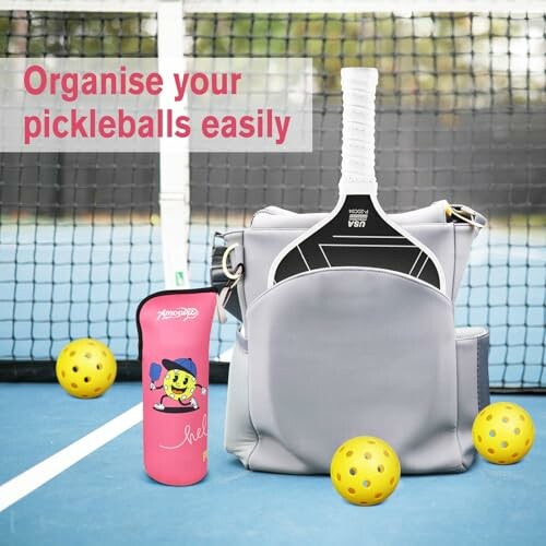 Pickleball bag with paddle and balls on court