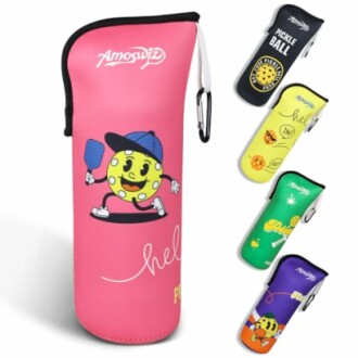 Colorful pickleball paddle covers with cartoon designs.