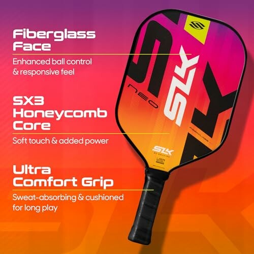 Pickleball paddle with fiberglass face, SX3 honeycomb core, and ultra comfort grip.