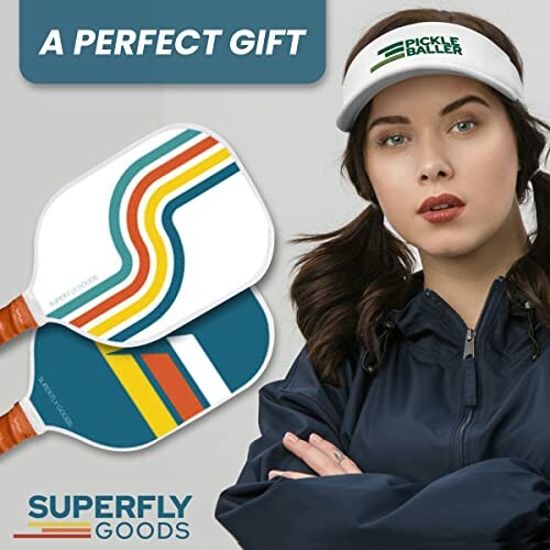 Woman in visor with pickleball paddles, labeled 'A Perfect Gift.'