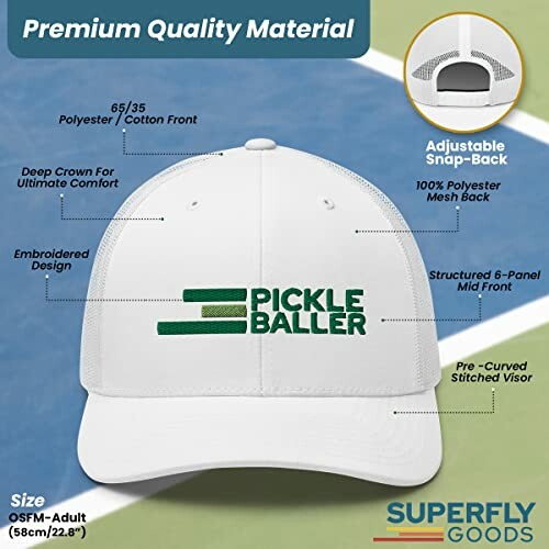 White Pickleballer cap with premium quality features and adjustable snap-back.