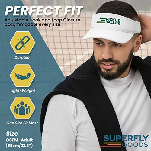 Man wearing Pickleballer visor with adjustable fit and features listed.