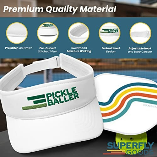 White Pickleballer visor with embroidered design and moisture-wicking sweatband.