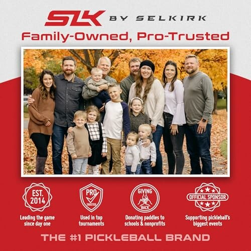 Family posing in autumn setting, promoting Selkirk pickleball brand.