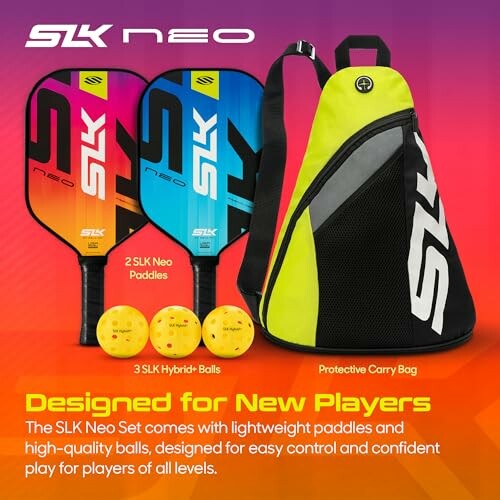 SLK Neo pickleball set with paddles, balls, and carry bag.