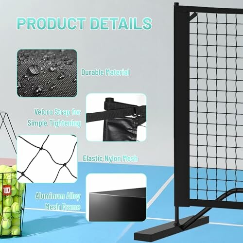 Tennis net features including durable material, Velcro strap, elastic nylon mesh, and aluminum alloy frame.